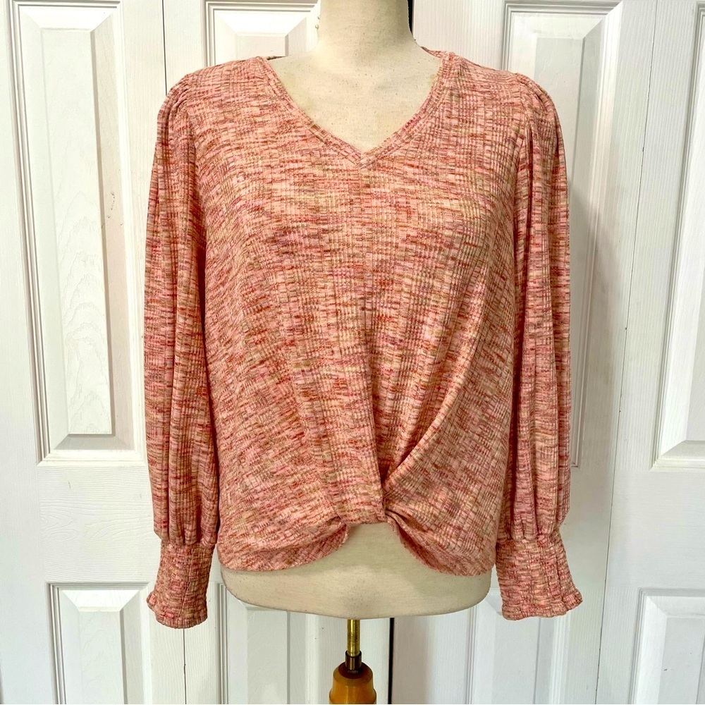 Democracy Women's Pink Front Knot Ruched Textured Smocked Long Puff Sleeve Top